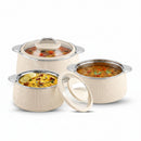Set of three cookware pots with lids on a white background