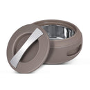 Brown bowl with a silver handle on a white background