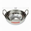 Stainless steel kadai with handles and 'Special Quality' label, dimensions indicated.
