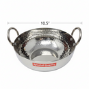 Stainless steel kadai with handles and 'Special Quality' label, dimensions indicated.