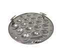 Metallic round component with multiple holes on a white background
