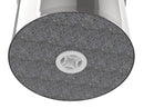 Close-up of a textured gray surface with a circular white logo on a white background