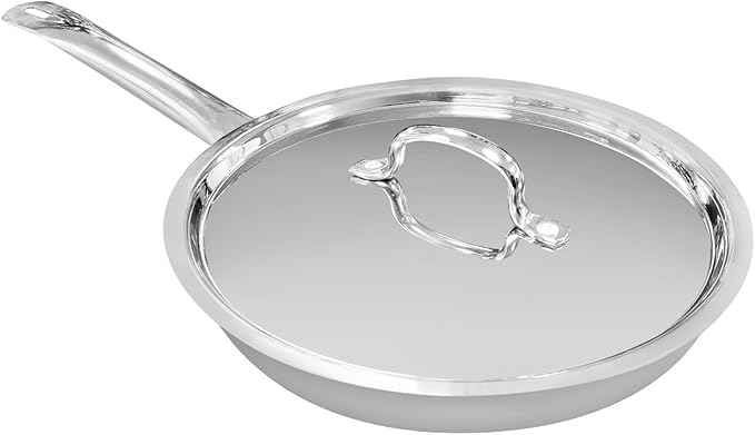 Stainless steel frying pan with lid on a white background