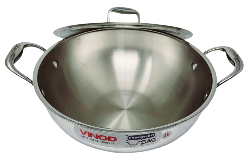 Vinod Platinum Triply Stainless Steel Extra Deep Kadai with Lid - 28cm (4.5L) (Induction Friendly)