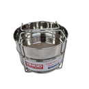 Stainless steel pot with a stand on a white background, branded 'Vinod'.