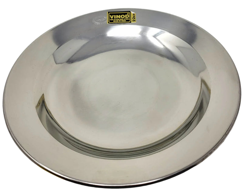 A round, silver-colored Vinod soup plate with a visible brand marking on the top edge.