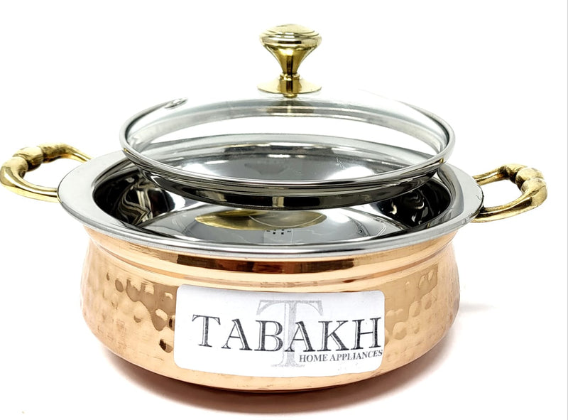 Tabakh Copper Stainless Steel Hammered Finish Handi/Lagan/Pot with Toughened Glass Lid and Brass Knob & Handles Capacity-525 ML