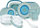 A 31-piece dinner set with blue and white floral patterns, including plates, bowls, and serving pieces.