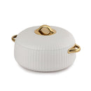White ceramic pot with gold handles and lid knob on a white background