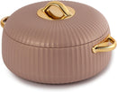 Beige pot with gold lid and handles on a white background