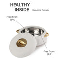 Stainless steel pet bowl with white cover and gold accents, labeled 'Free From BPA'.