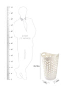 White laundry basket with dimensions labeled next to a silhouette of a person and measurement scale.