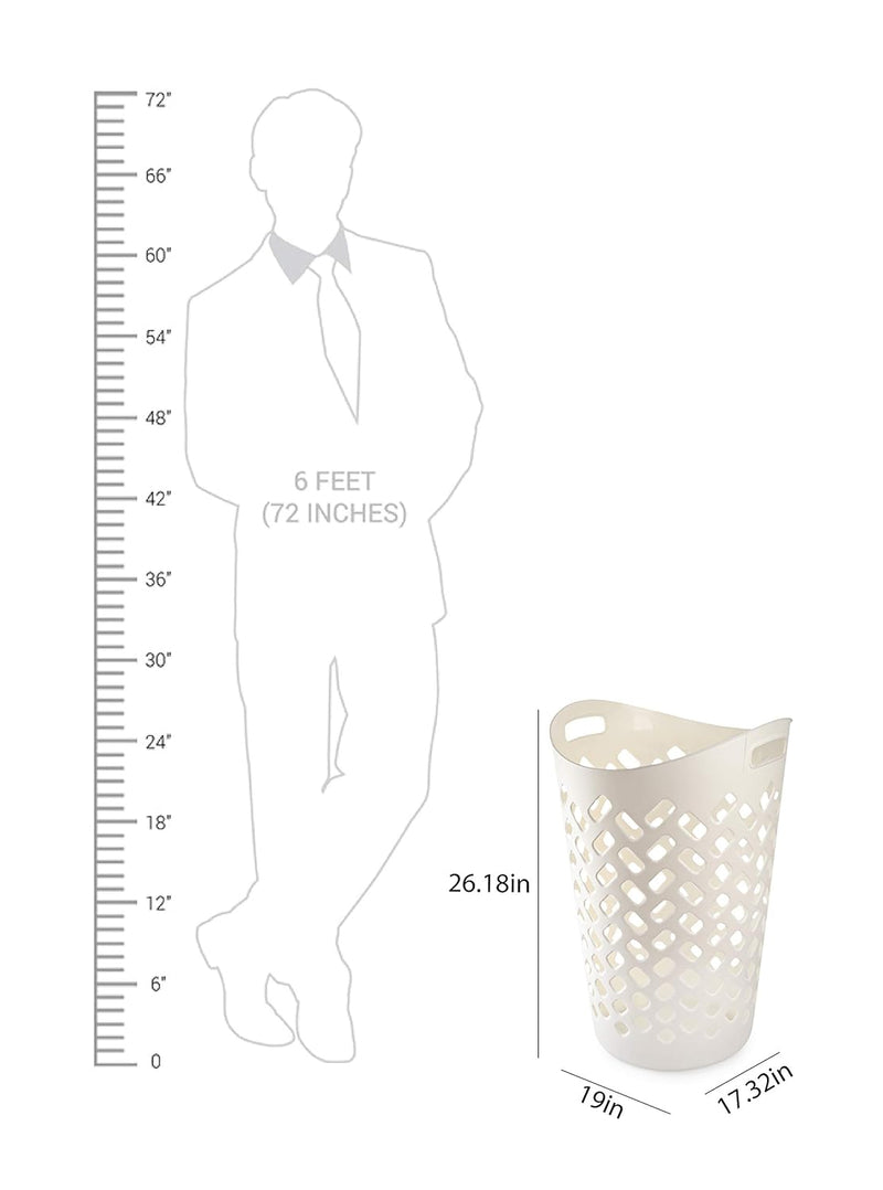 White laundry basket with dimensions labeled next to a silhouette of a person and measurement scale.