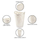 White perforated storage basket with features highlighted on a white background