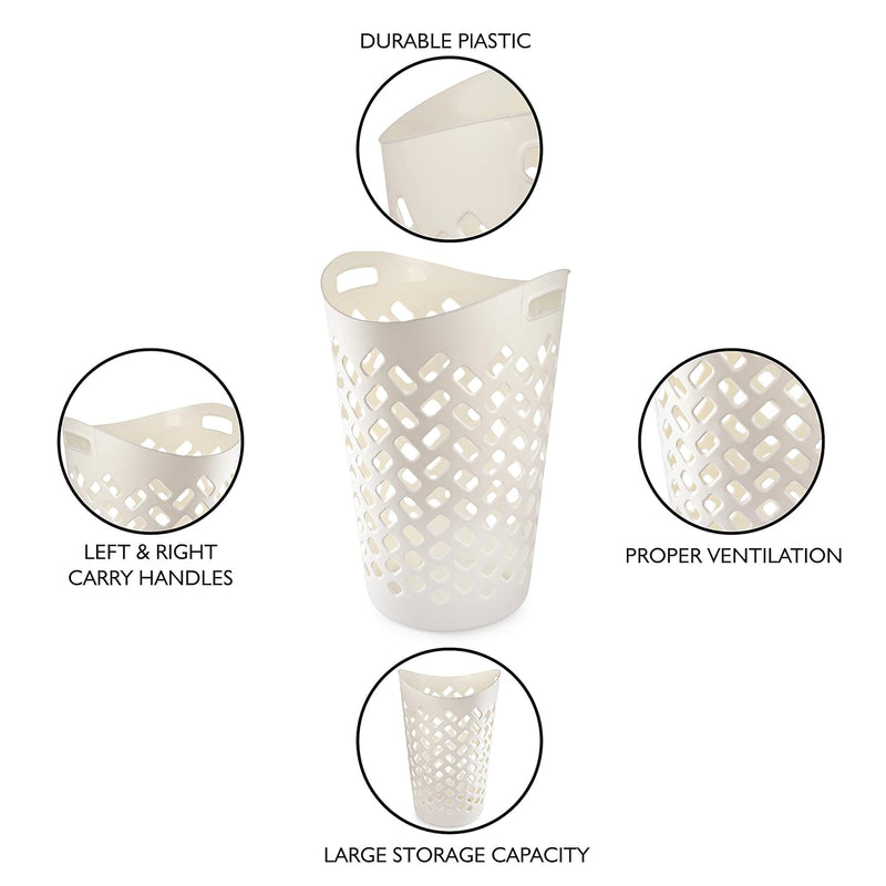 White perforated storage basket with features highlighted on a white background