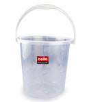 Clear plastic bucket with a handle on a white background, featuring the Cello brand.