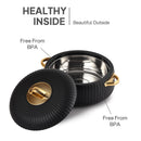 Black cookware set with gold handles and lid on a white background, emphasizing BPA-free features.