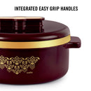 Maroon pot with gold decorative elements and 'cello' branding on a white background