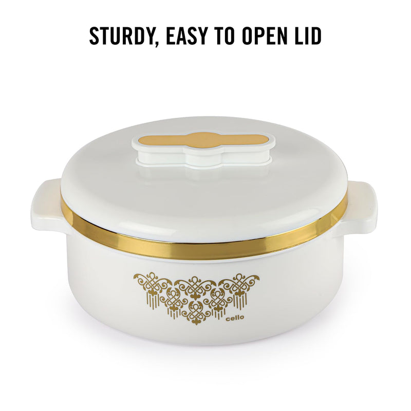 White ceramic dish with gold accents and a decorative lid, featuring the brand 'cello'.