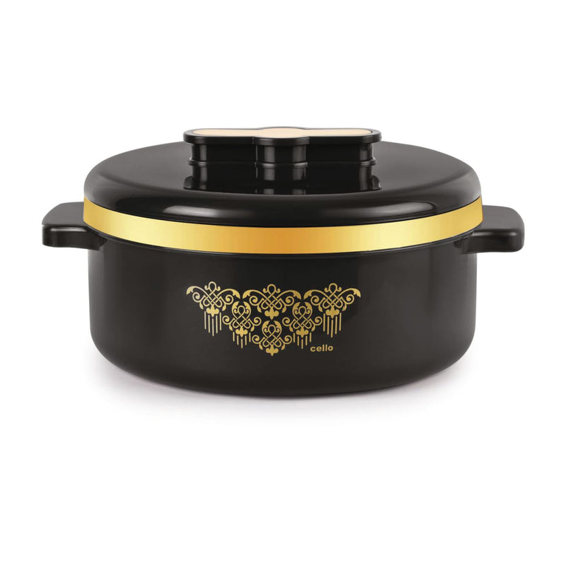 Black pot with gold accents and decorative logo on a white background