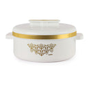 White dish with gold accents and 'cello' branding on a white background