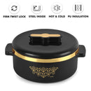 Black and gold pot with decorative design on a white background, featuring icons and text about product features.