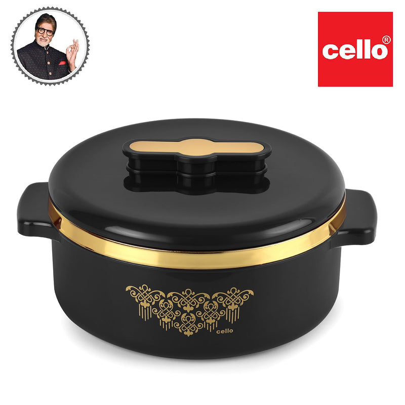 Black and gold pot with decorative elements on a white background, featuring the Cello brand logo.
