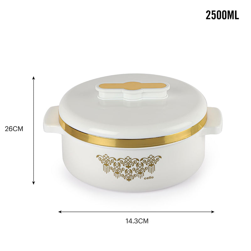 White ceramic pot with gold accents and decorative patterns, showing measurements on a white background.