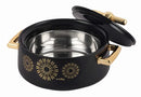 Black and gold cello food container with lid on a white background