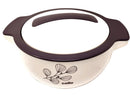 A Cello brand insulated hot pot casserole dish with a white body and grey lid, featuring a floral design and the brand name on the front.