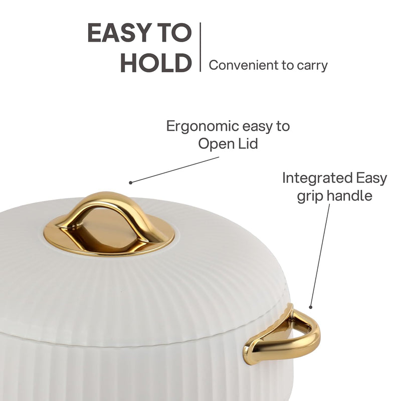 Cello Aurum Luxury Inner Stainless Steel Insulated Hot-pot 2500ml, White | Easy Grip Lid & Frim Twist Lock | BPA-Free, Durable, Suitable for Hot & Cold | Hot Box for Kitchen | Hot Pot for Home