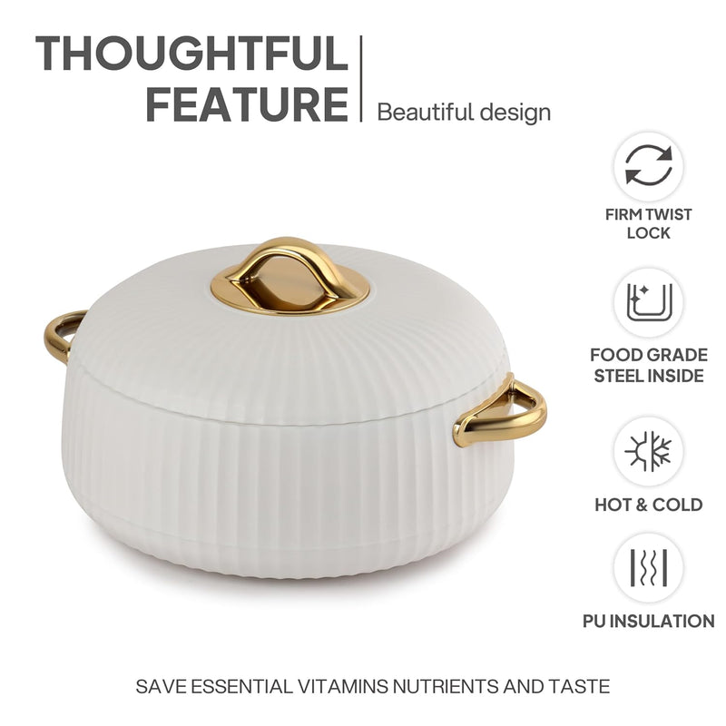 Cello Aurum Luxury Inner Stainless Steel Insulated Hot-pot 2500ml, White | Easy Grip Lid & Frim Twist Lock | BPA-Free, Durable, Suitable for Hot & Cold | Hot Box for Kitchen | Hot Pot for Home