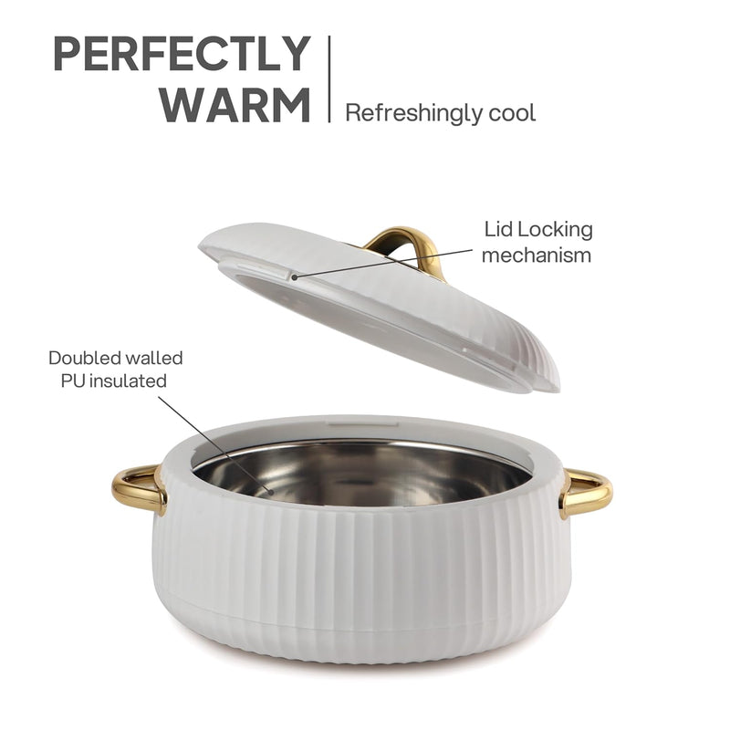 Cello Aurum Luxury Inner Stainless Steel Insulated Hot-pot 2500ml, White | Easy Grip Lid & Frim Twist Lock | BPA-Free, Durable, Suitable for Hot & Cold | Hot Box for Kitchen | Hot Pot for Home