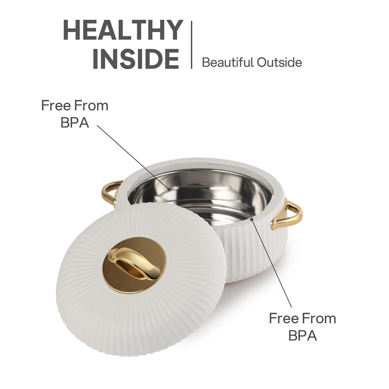 Cello Aurum Luxury Inner Stainless Steel Insulated Hot-pot 2500ml, White | Easy Grip Lid & Frim Twist Lock | BPA-Free, Durable, Suitable for Hot & Cold | Hot Box for Kitchen | Hot Pot for Home
