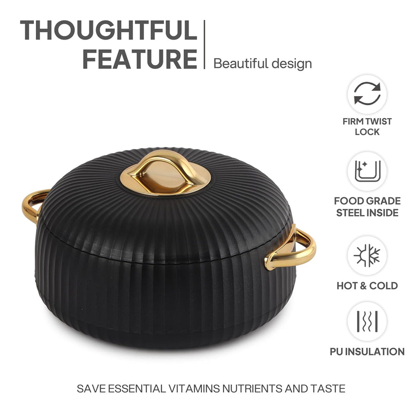 Cello Aurum Luxury Inner Stainless Steel Insulated Hot-pot 2500ml, Black | Easy Grip Lid & Frim Twist Lock | BPA-Free, Durable, Suitable for Hot & Cold | Hot Box for Kitchen | Hot Pot for Home