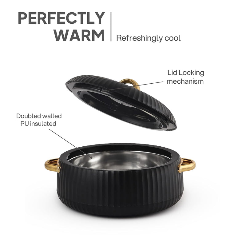 Cello Aurum Luxury Inner Stainless Steel Insulated Hot-pot 2500ml, Black | Easy Grip Lid & Frim Twist Lock | BPA-Free, Durable, Suitable for Hot & Cold | Hot Box for Kitchen | Hot Pot for Home