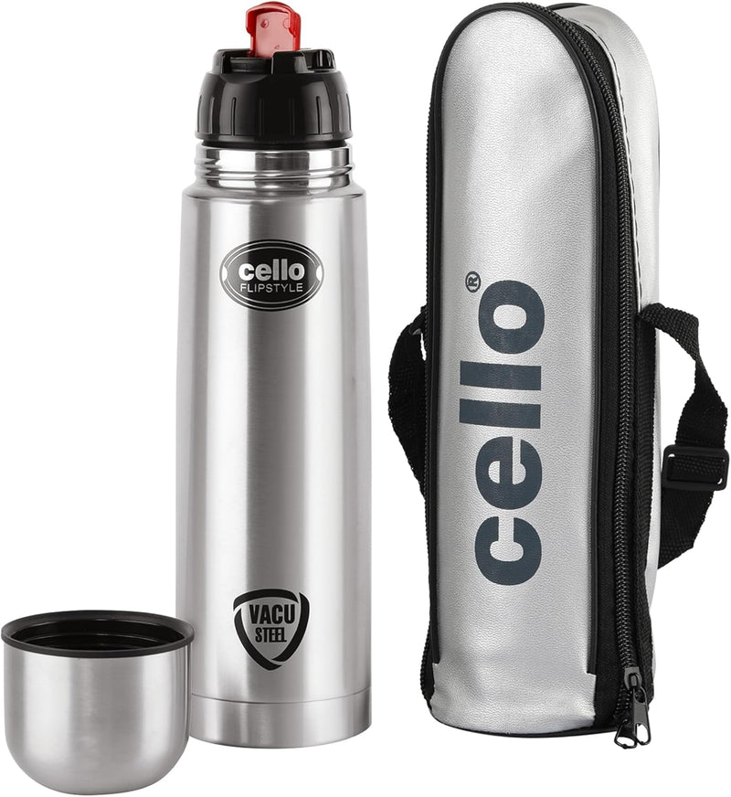 Cello Flipstyle Stainless Steel Vacuum Insulated Flask with Flip Lid | Leak Proof | Double Walled Silver Bottle for Home, Office, Travel