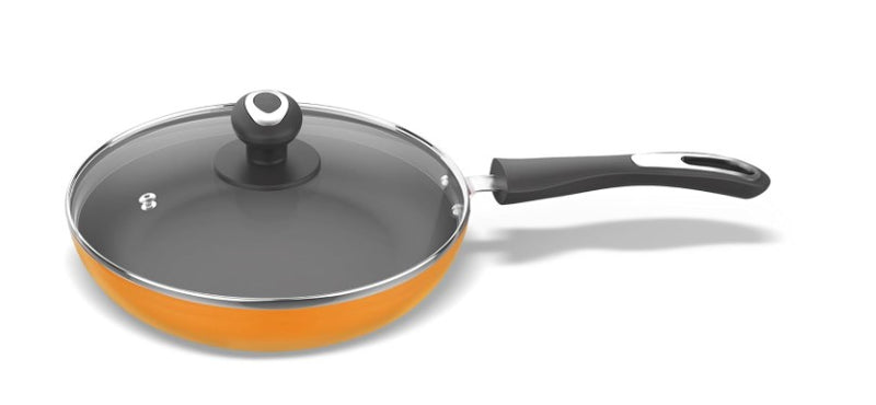 Preethi Dura Collection Non Stick Fry Pan, 24 cm, with Glass Lid, Gas & Induction Compatible, 5 Star Non Stick Effect, Turmeric Yellow