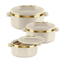 Set of three cream-colored cookware with gold rims on a white background