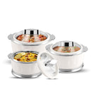 Tabakh Dazzle Inner Stainless Steel Casserole Set of 3 with Chrome Plated Knob |Lockable Toughened Glass Lid | BPA Free Insulated casserole Set | Food Grade |Serving Set | 1500+2000+3000 ml