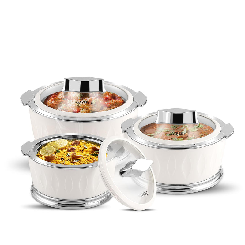 Tabakh Dazzle Inner Stainless Steel Casserole Set of 3 with Chrome Plated Knob |Lockable Toughened Glass Lid | BPA Free Insulated casserole Set | Food Grade |Serving Set | 1500+2000+3000 ml