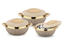 Set of three beige ceramic cookware with gold accents on a white background