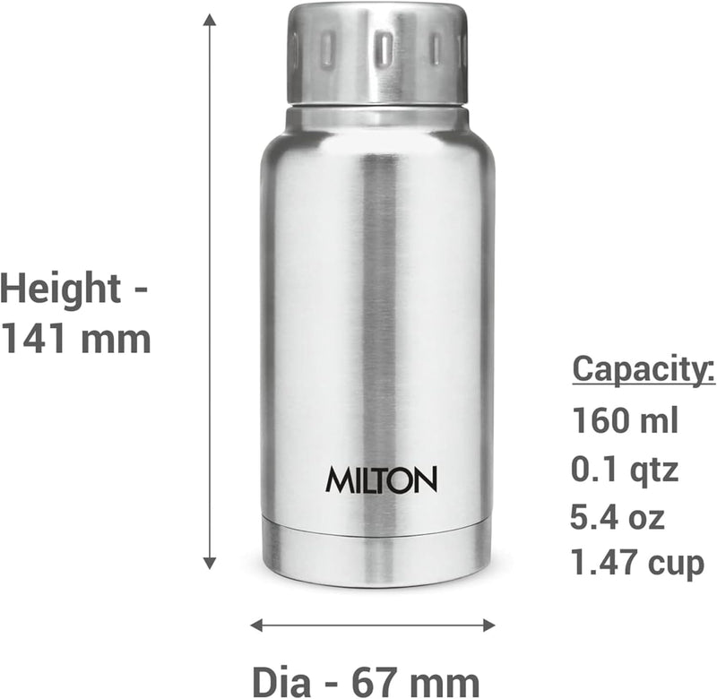 Milton Elfin 160, Double Wall Vacuum Insulated Flask, 160 ml | 5.4 oz | Hot & Cold Water Bottle, 18/8 Stainless Steel, Compact Flask, Durable Body, BPA Free, Leak-Proof Simple Screw Lid | Silver