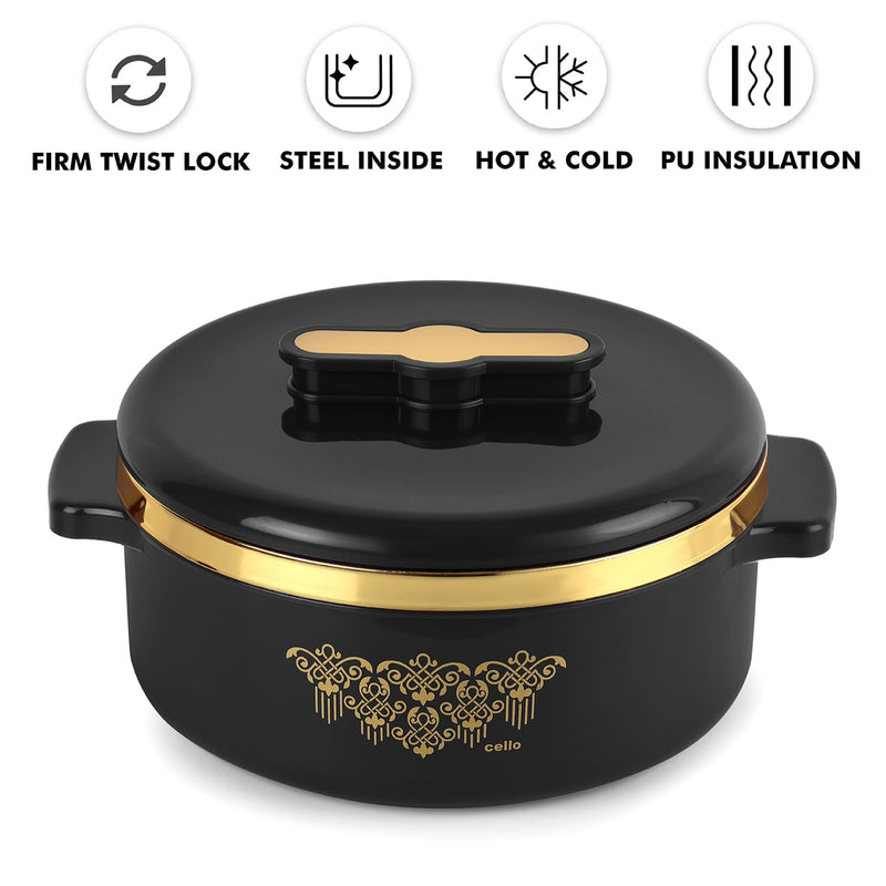 CELLO Exotic Stainless Steel Insulated Casserole| Firm Twist Lock | Serve & Store | Inner Steel and Outer Plastic | Keeps Food Hot & Cold for Hours | Durable & Break Resistant | 2500ml