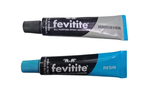 Two Fevitite adhesive tubes, one labeled 'Hardener' and the other 'Resin', on a white background.
