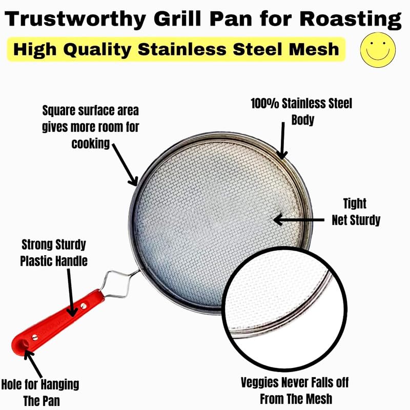 Tabakh Phulka Grill Roaster for Gas Stove, Grill Mesh Tawa Jali for Kitchen Cooking, Roti Basket Pulka Pan Roaster Grill with Handle, Papad Jali, Mesh Brinjal Roaster (Stainless Steel, No-8)