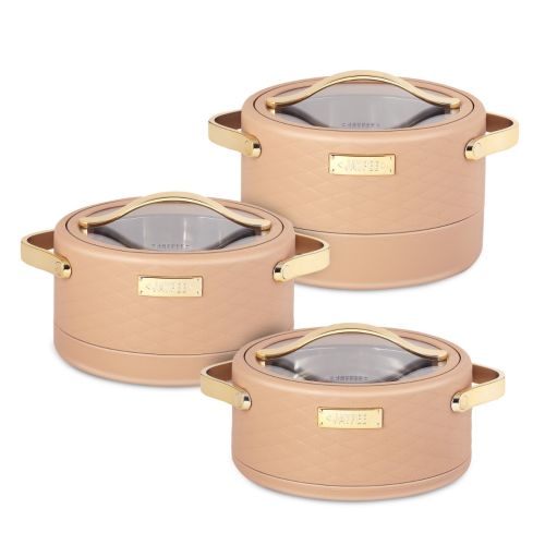 TABAKH Luxura Klass Inner Stainless Steel Serving Casserole Set of 3 Elegance Unique Design PU Insulated 100% Food Grade with Lockable Lid, Chrome Plated Handle Hot Case | 1500, 2000, 2500 ml