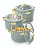 TABAKH Luxura Klass Inner Stainless Steel Serving Casserole Set of 3 Elegance Unique Design PU Insulated 100% Food Grade with Lockable Lid, Chrome Plated Handle Hot Case | 1500, 2000, 2500 ml