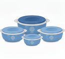Set of blue food containers with lids on a white background