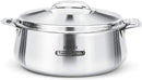 A silver-colored double-walled stainless steel casserole dish with a lid and integrated handle.